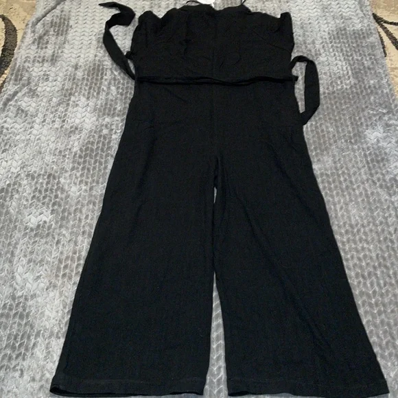 Anrabess Black Linen Blend Romper/Jumpsuit. Wide Leg w waist tie belt.  Large. - Picture 10 of 14